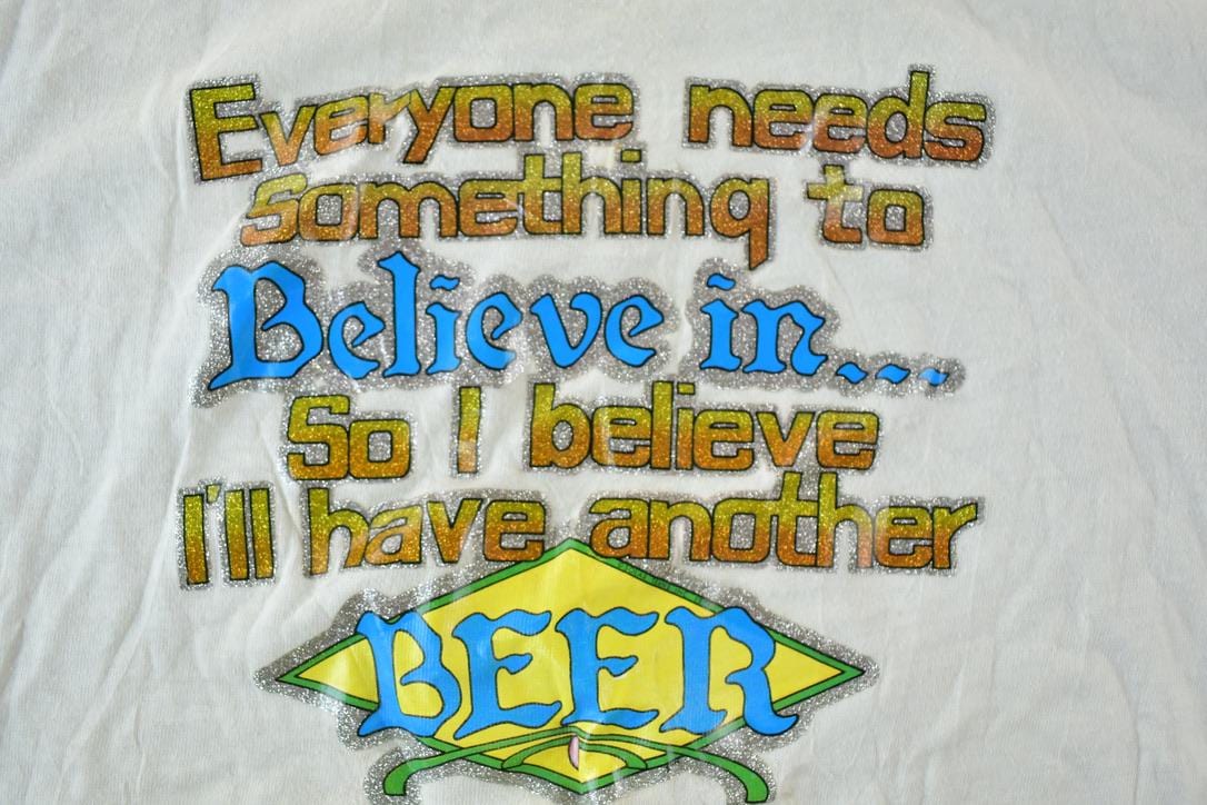 Vintage 1970s Hanes Believe In Beer Souvenir Single Stitch Graphic Print T-Shirt Men's Small from propervintagecanada
