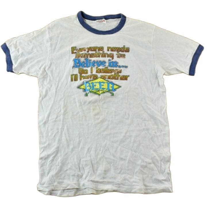 Vintage 1970s Hanes Believe In Beer Souvenir Single Stitch Graphic Print T-Shirt Men's Small from propervintagecanada
