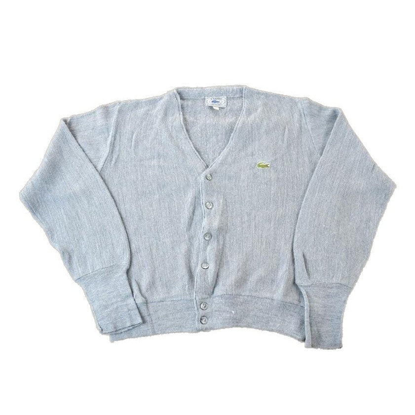 Vintage 1970s Izod Lacoste Heater Grey Knit Perfect Mild Distress Cardigan Sweater Made In USA from propervintagecanada