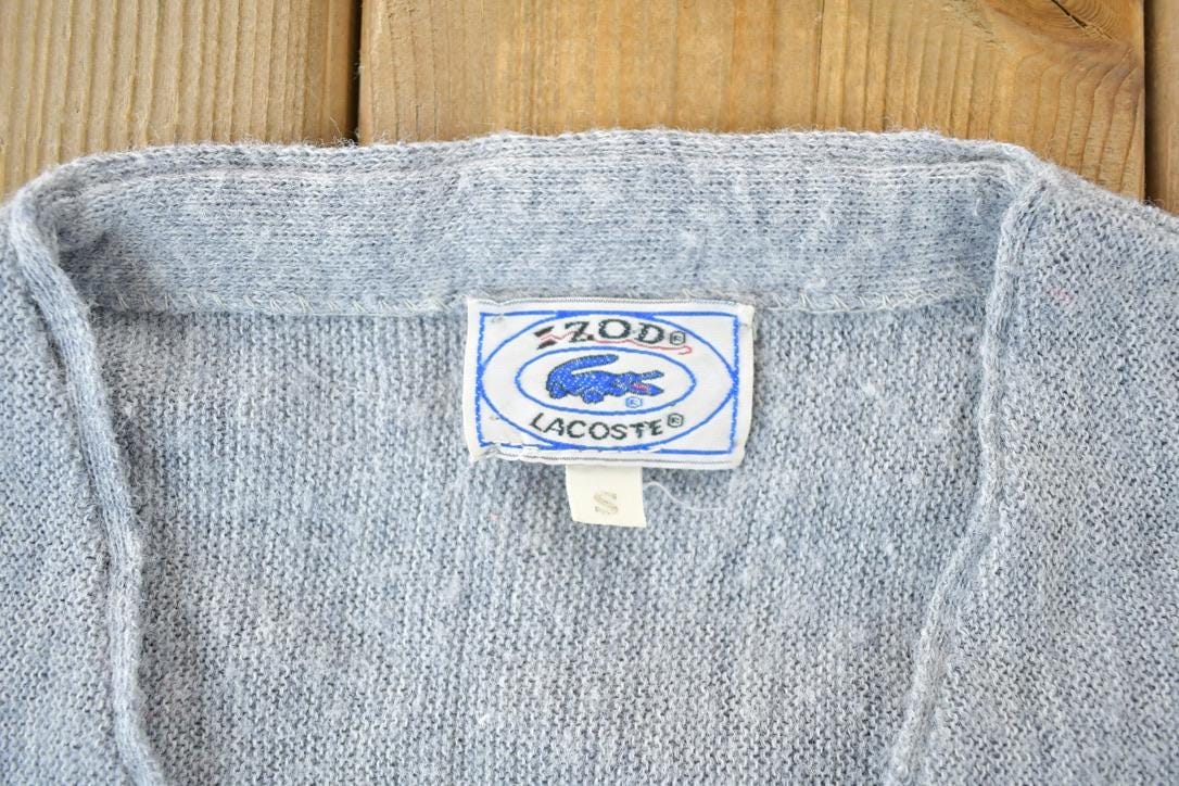 Vintage 1970s Izod Lacoste Heater Grey Knit Perfect Mild Distress Cardigan Sweater Made In USA from propervintagecanada