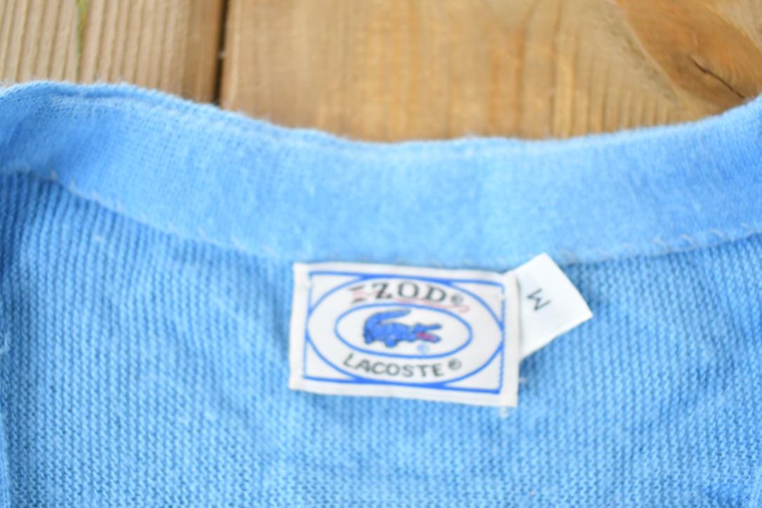Vintage 1970s Izod Lacoste Rare Blue Croc Knit Perfect Mild Distress Cardigan Sweater Made In USA from propervintagecanada