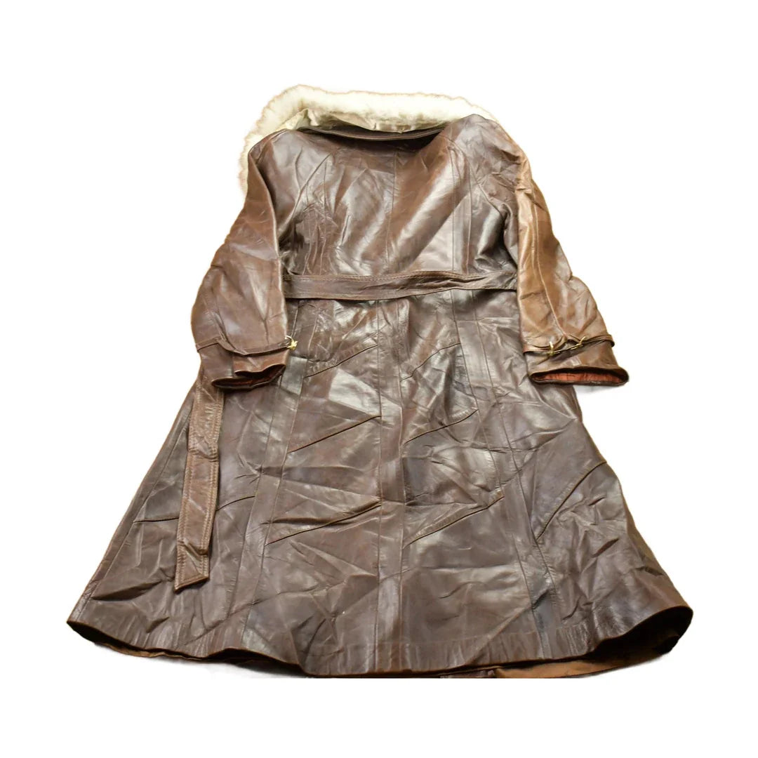 Vintage 1970s Leather Trench Coat With Fox Fur Collar Men's Small from propervintagecanada