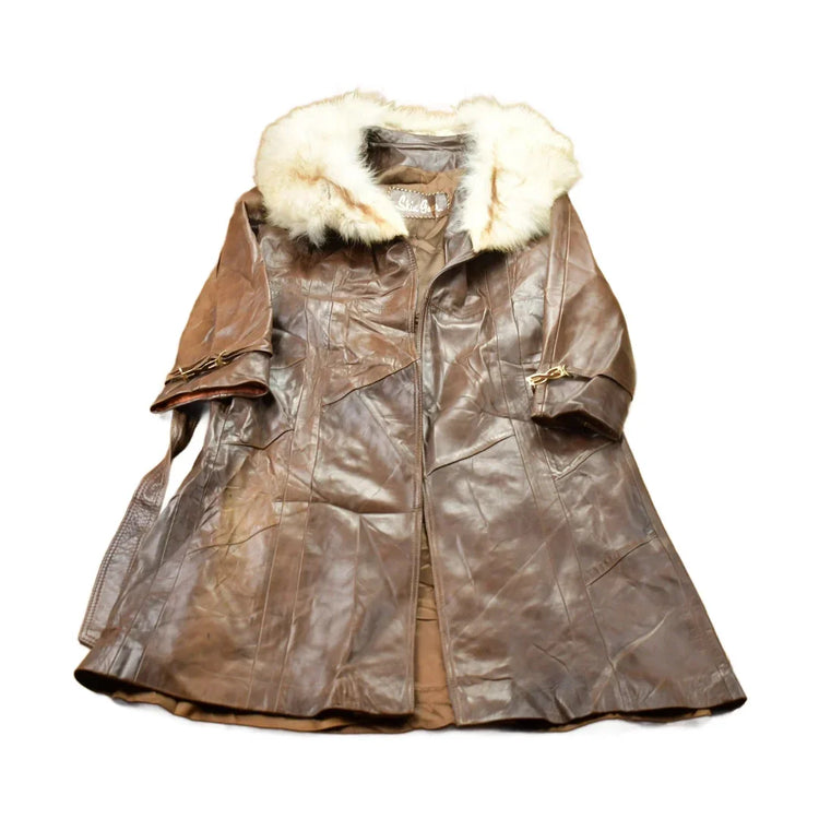Vintage 1970s Leather Trench Coat With Fox Fur Collar Men's Small from propervintagecanada