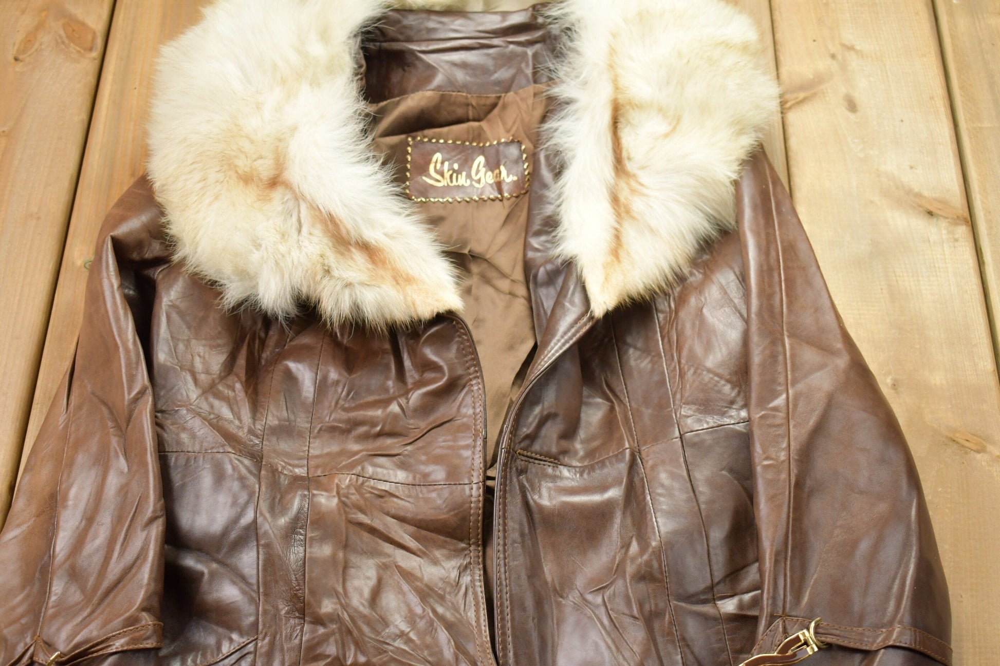 Vintage 1970s Leather Trench Coat With Fox Fur Collar Men's Small from propervintagecanada