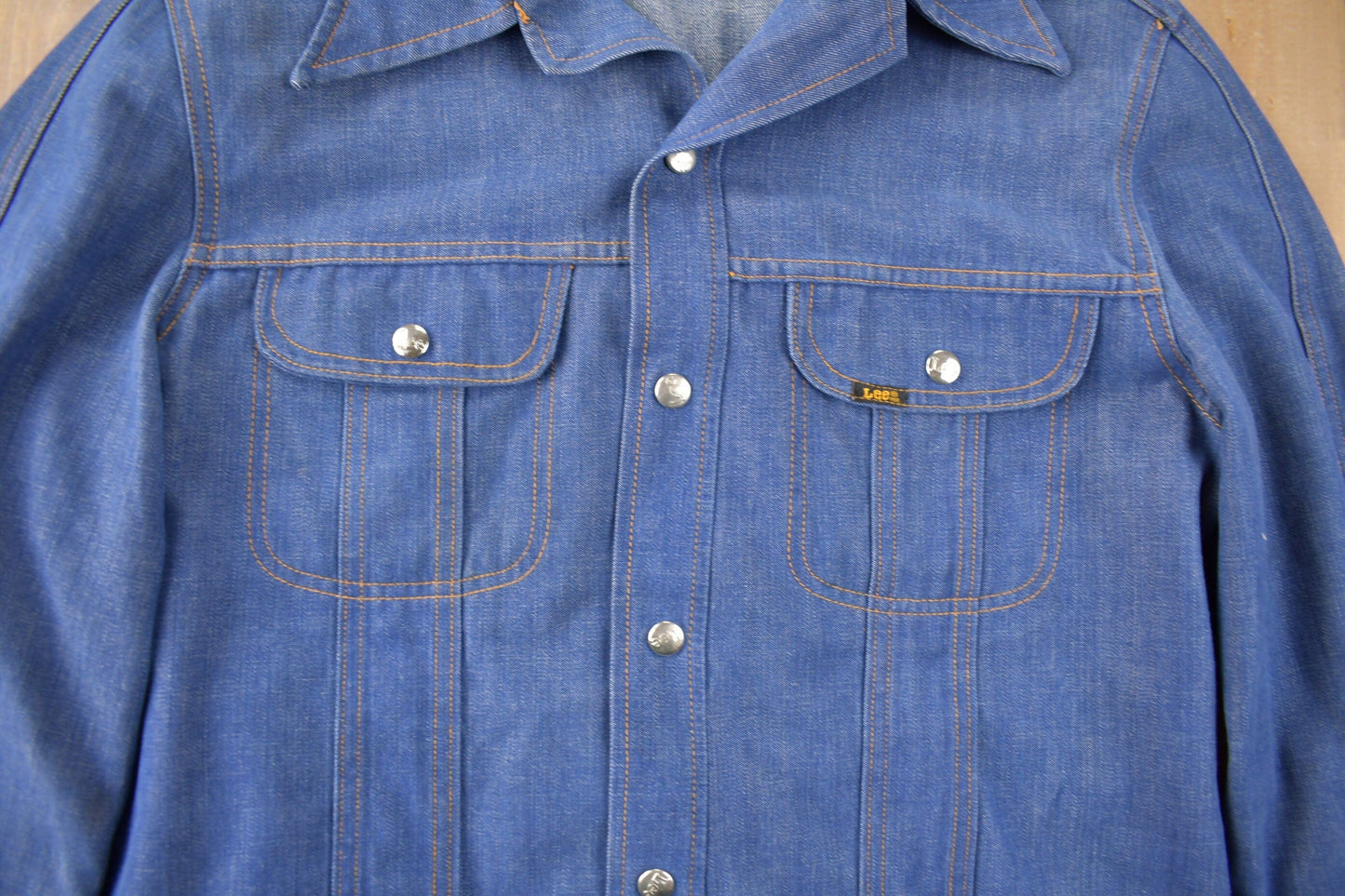 Vintage 1970s Lee Western Style Pearl Snap Button Up Denim Shirt Made in USA Men's L from propervintagecanada