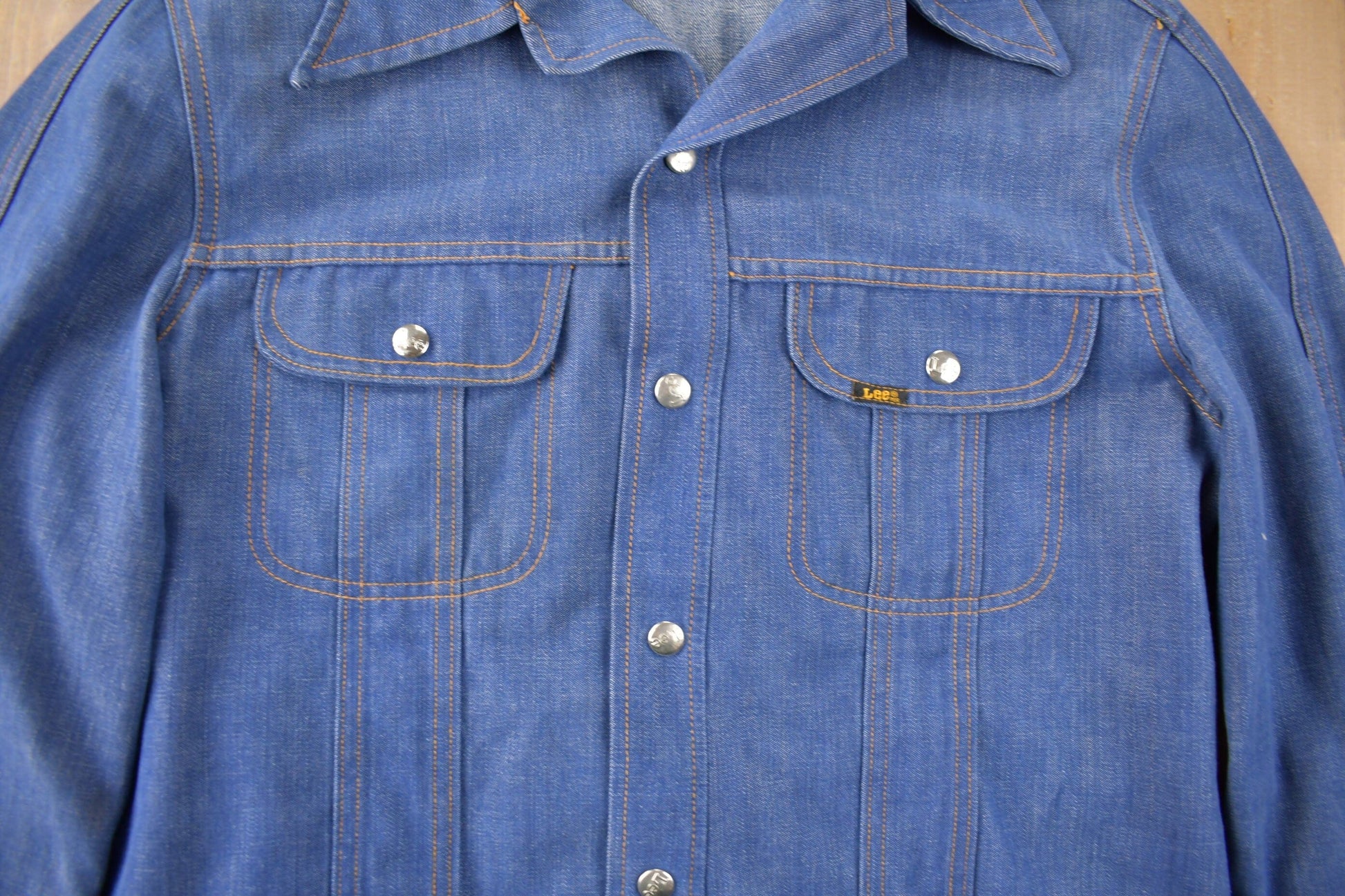 Vintage 1970s Lee Western Style Pearl Snap Button Up Denim Shirt Made in USA Men's L from propervintagecanada