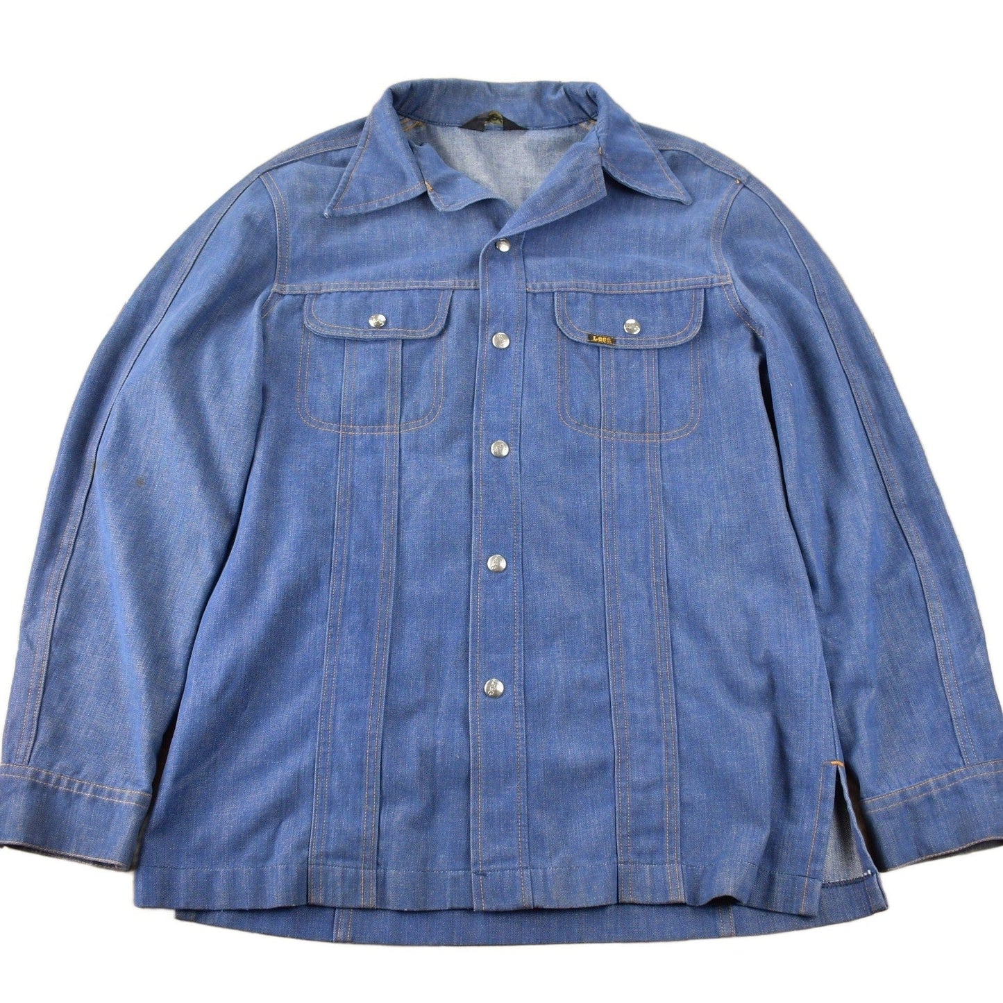 Vintage 1970s Lee Western Style Pearl Snap Button Up Denim Shirt Made in USA Men's L from propervintagecanada