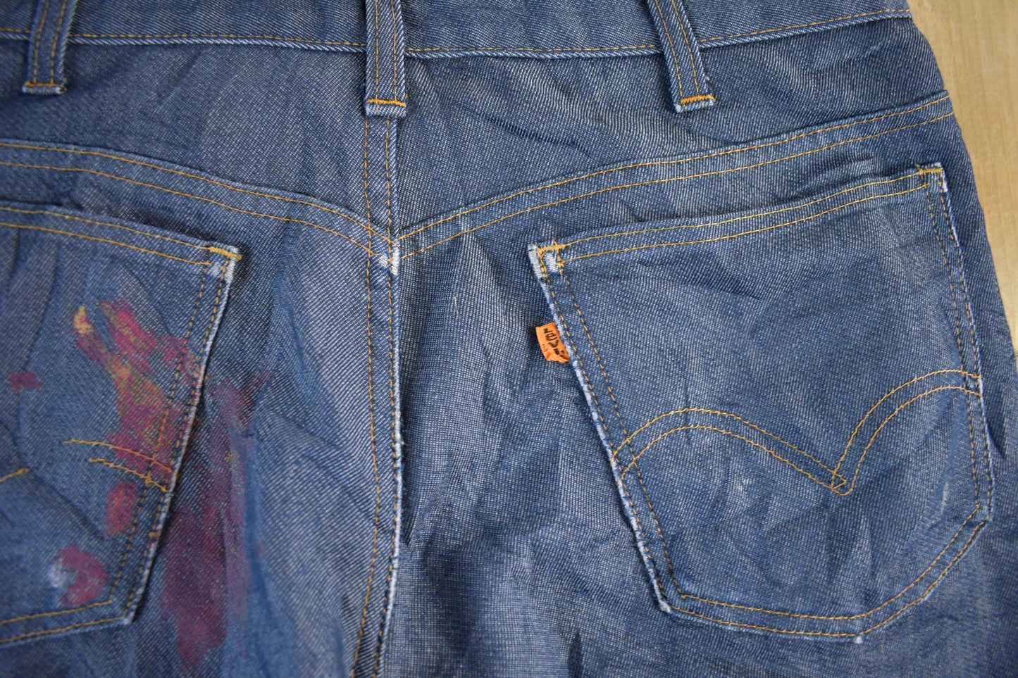 Vintage 1970s Levi's Orange Tab Bell Bottom Flare Denim Jeans Men's Medium 33 x 29 from propervintagecanada