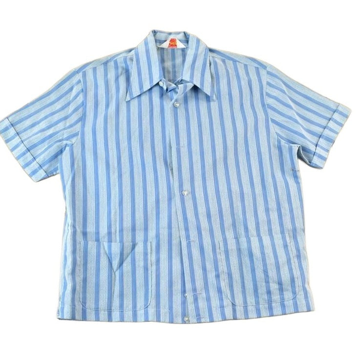 Vintage 1970s Luigi Striped Blue Button Up Shirt Men's Large from propervintagecanada