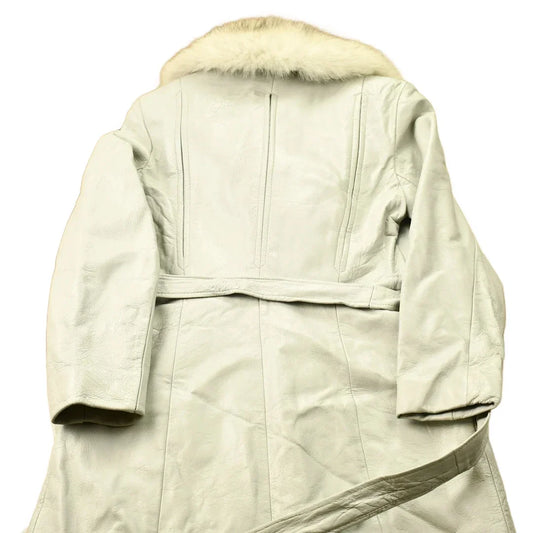 Vintage 1970s Off White Leather With Grey Fox Trim Penny Lane Trench Coat from propervintagecanada