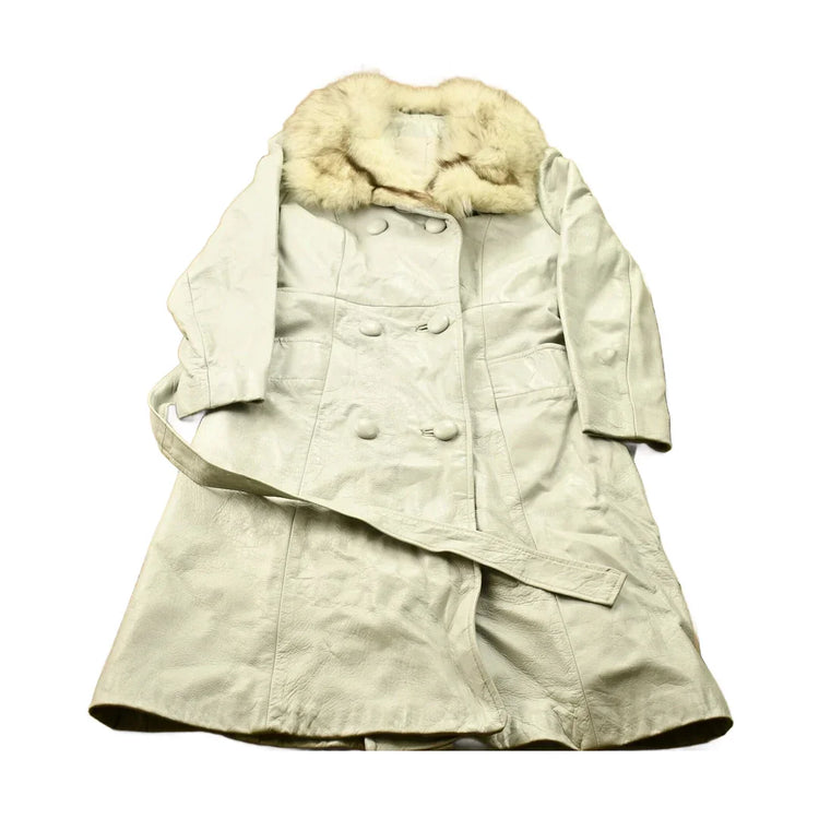 Vintage 1970s Off White Leather With Grey Fox Trim Penny Lane Trench Coat from propervintagecanada
