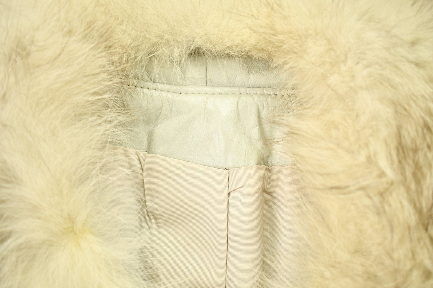 Vintage 1970s Off White Leather With Grey Fox Trim Penny Lane Trench Coat from propervintagecanada