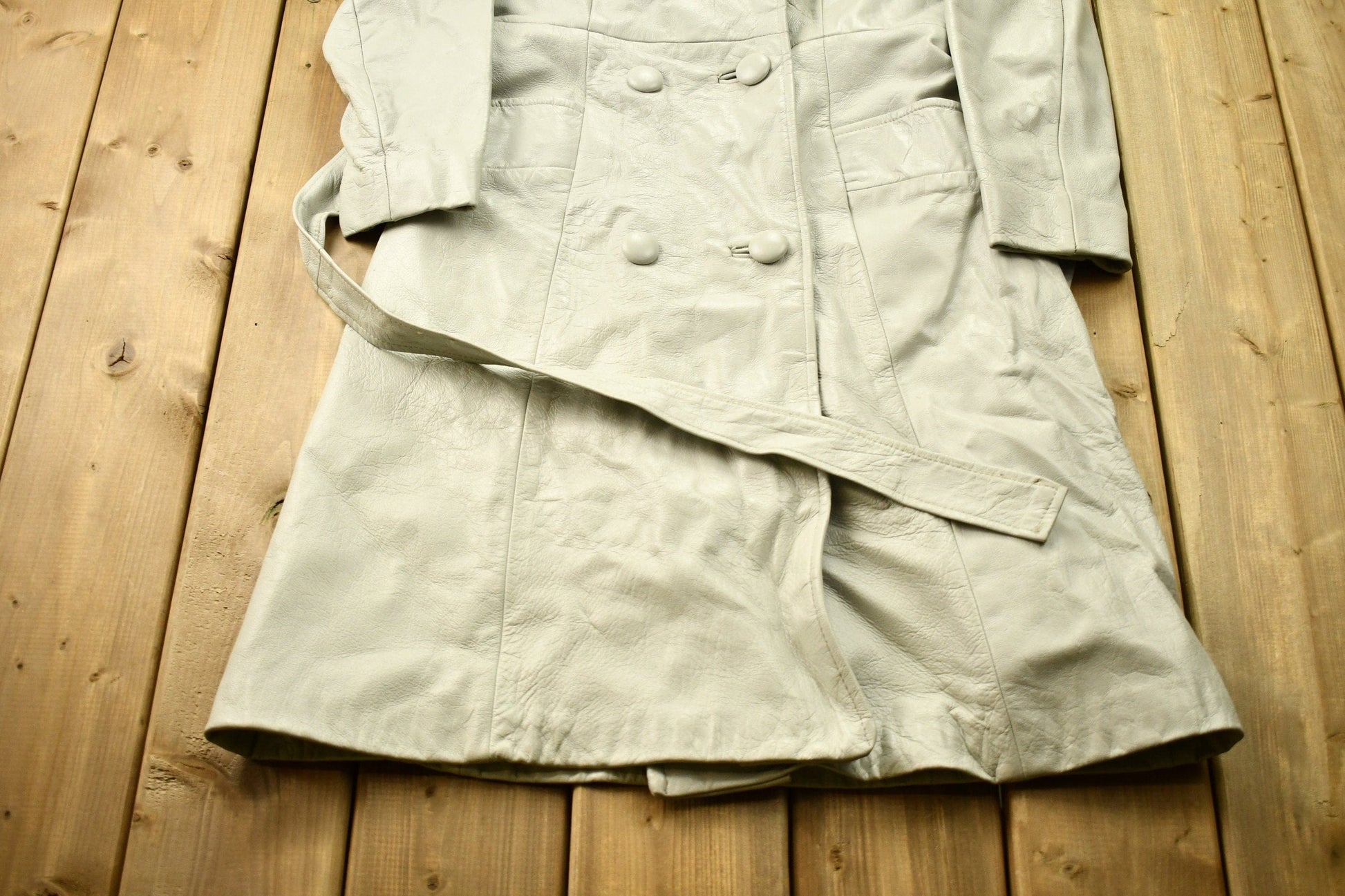Vintage 1970s Off White Leather With Grey Fox Trim Penny Lane Trench Coat from propervintagecanada