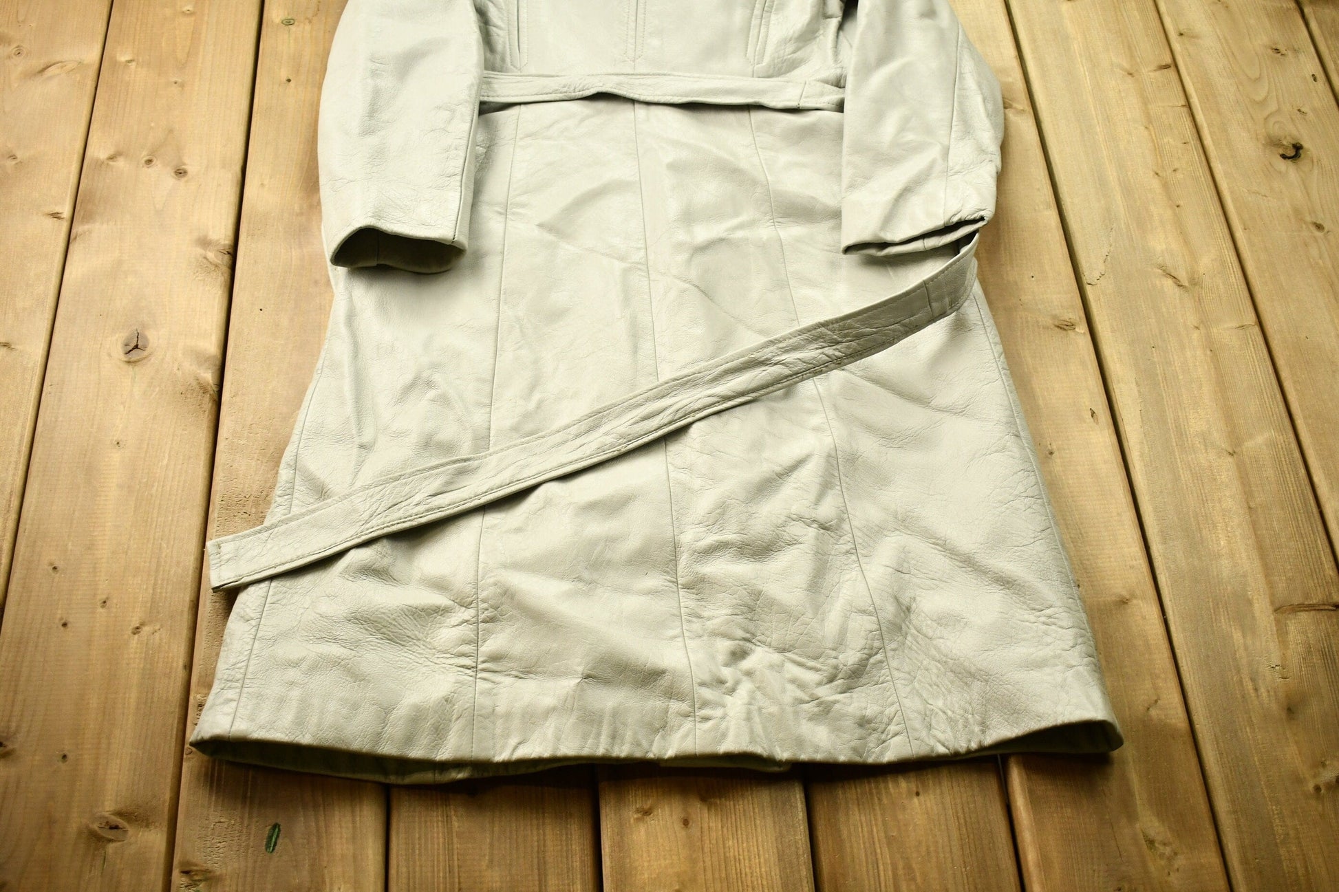 Vintage 1970s Off White Leather With Grey Fox Trim Penny Lane Trench Coat from propervintagecanada