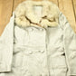 Vintage 1970s Off White Leather With Grey Fox Trim Penny Lane Trench Coat from propervintagecanada