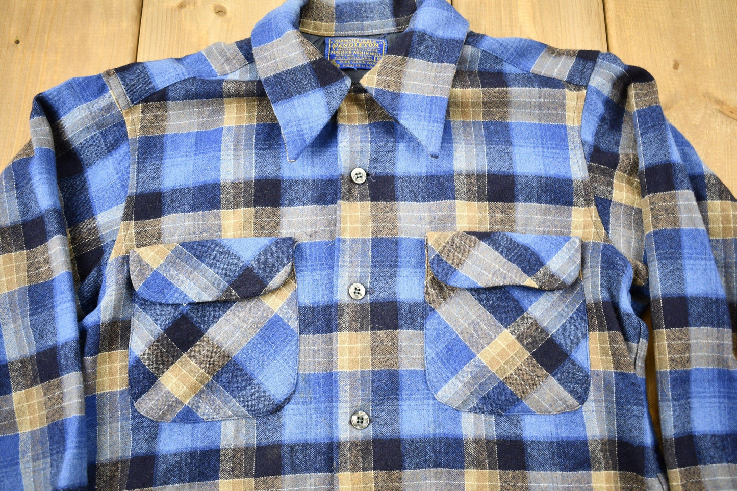 Vintage 1970s Pendleton Plaid Button Up Board Shirt / 100% Virgin Wool / Loop Button / Outdoor / True Vintage / Made In USA / Blue Flannel from propervintagecanada