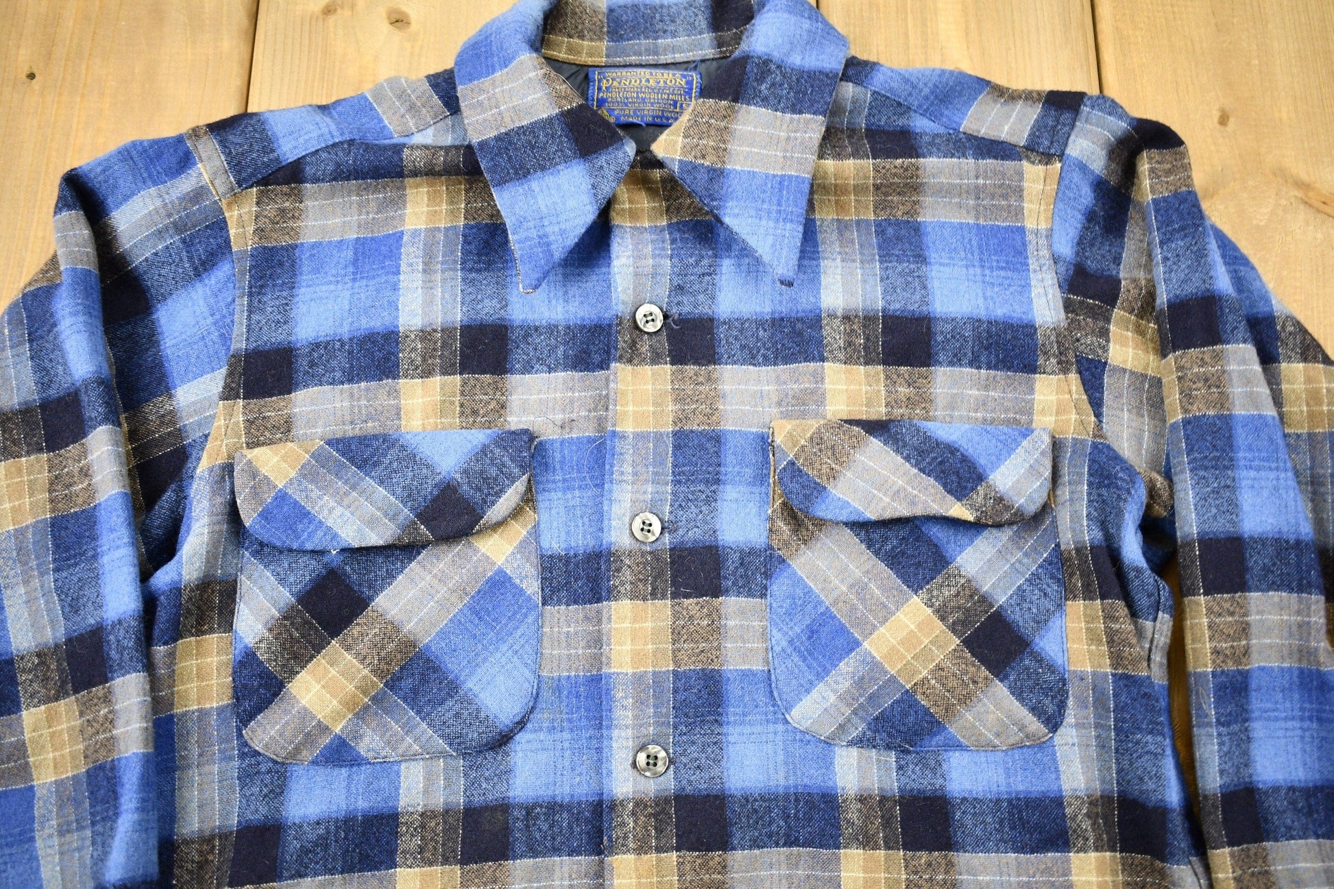 Vintage 1970s Pendleton Plaid Button Up Board Shirt / 100% Virgin Wool / Loop Button / Outdoor / True Vintage / Made In USA / Blue Flannel from propervintagecanada