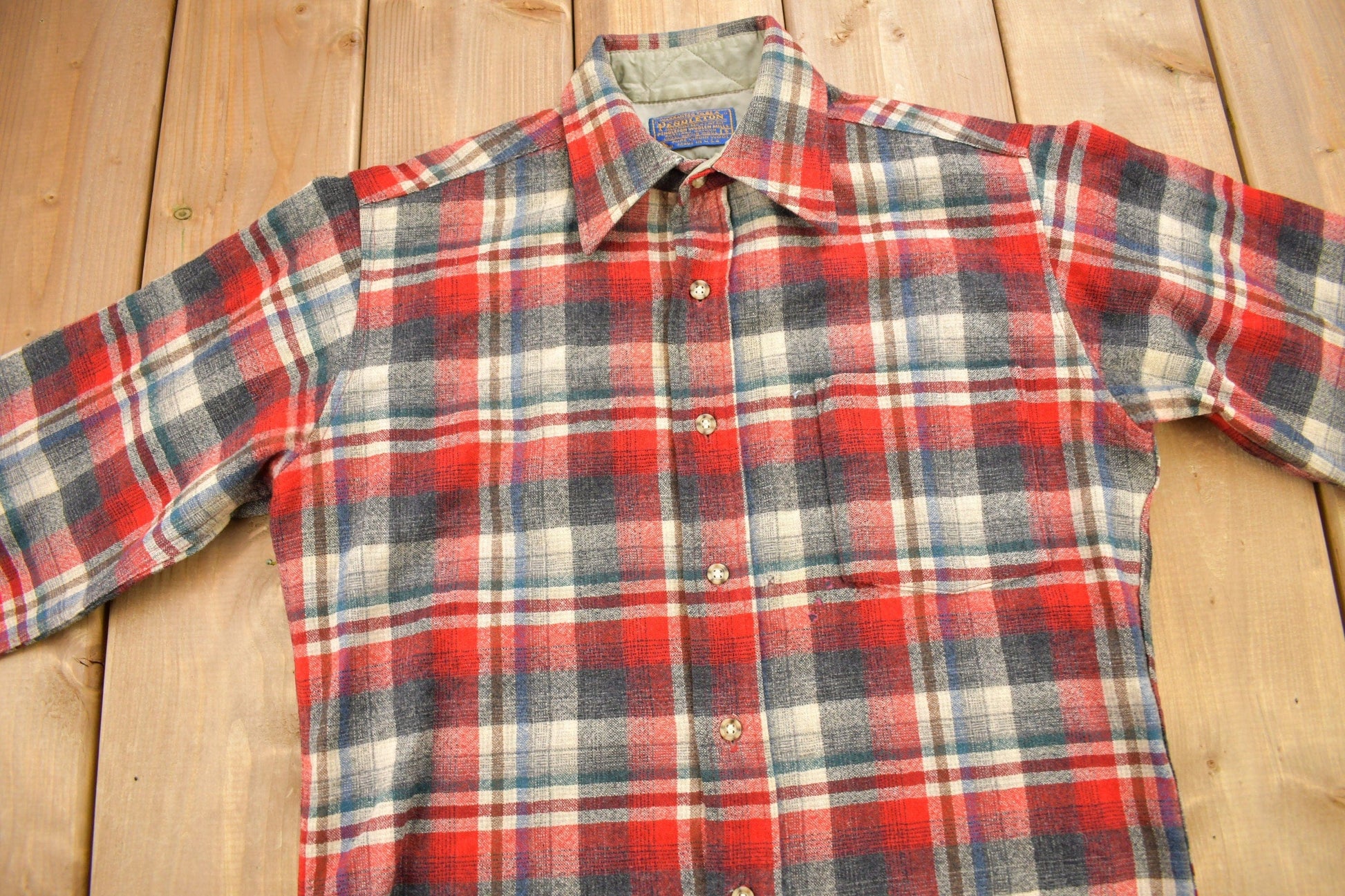 Vintage 1970s Pendleton Shadow Plaid Button Up Board Shirt Men's Small from propervintagecanada