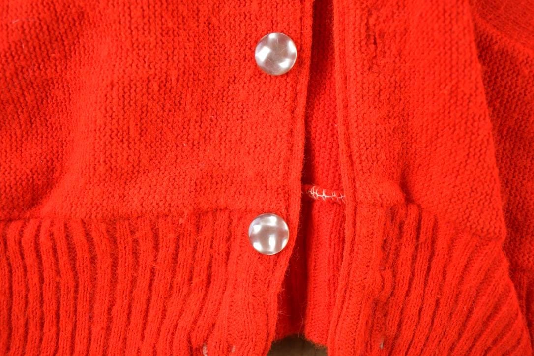 Vintage 1970s Red Knit Perfect Mild Distress Cardigan Sweater Men's Small from propervintagecanada