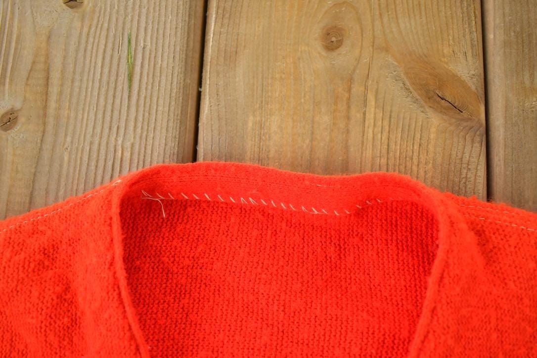 Vintage 1970s Red Knit Perfect Mild Distress Cardigan Sweater Men's Small from propervintagecanada