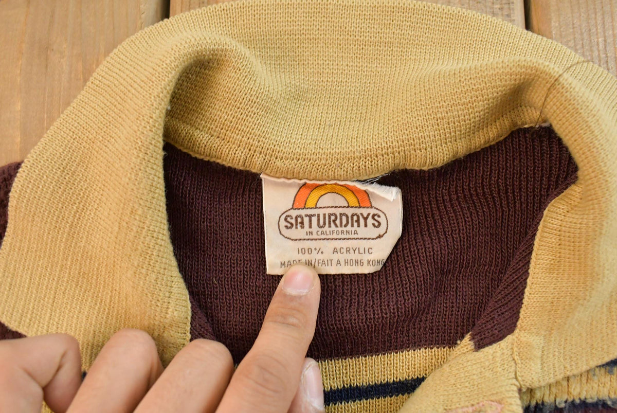 Vintage 1970s Saturdays Knit Striped Long Sleeve Polo Shirt Men's Small from propervintagecanada
