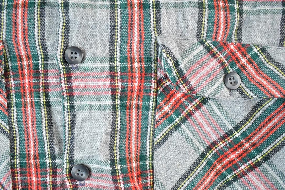 Vintage 1970s Sears Fieldmaster Plaid Flannel Lined Wool Blend Button Up Shirt Mens L from propervintagecanada