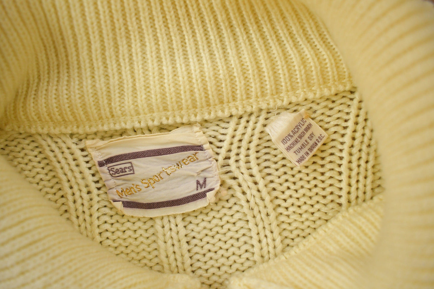 Vintage 1970s Sears Men's Sportswear 3D Cable Knit Cardigan Sweater from propervintagecanada