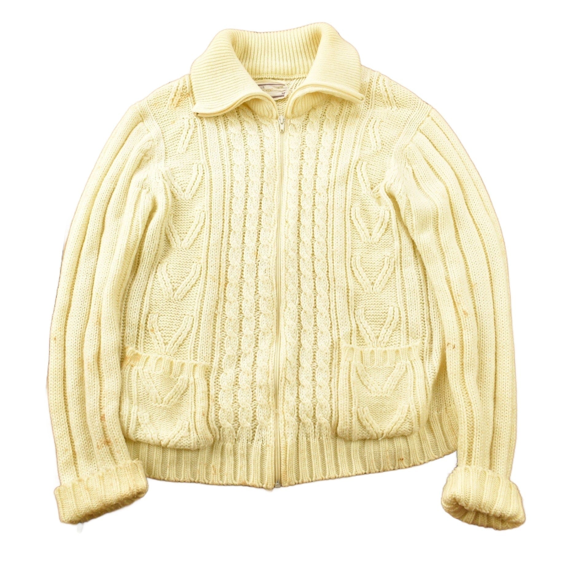 Vintage 1970s Sears Men's Sportswear 3D Cable Knit Cardigan Sweater from propervintagecanada