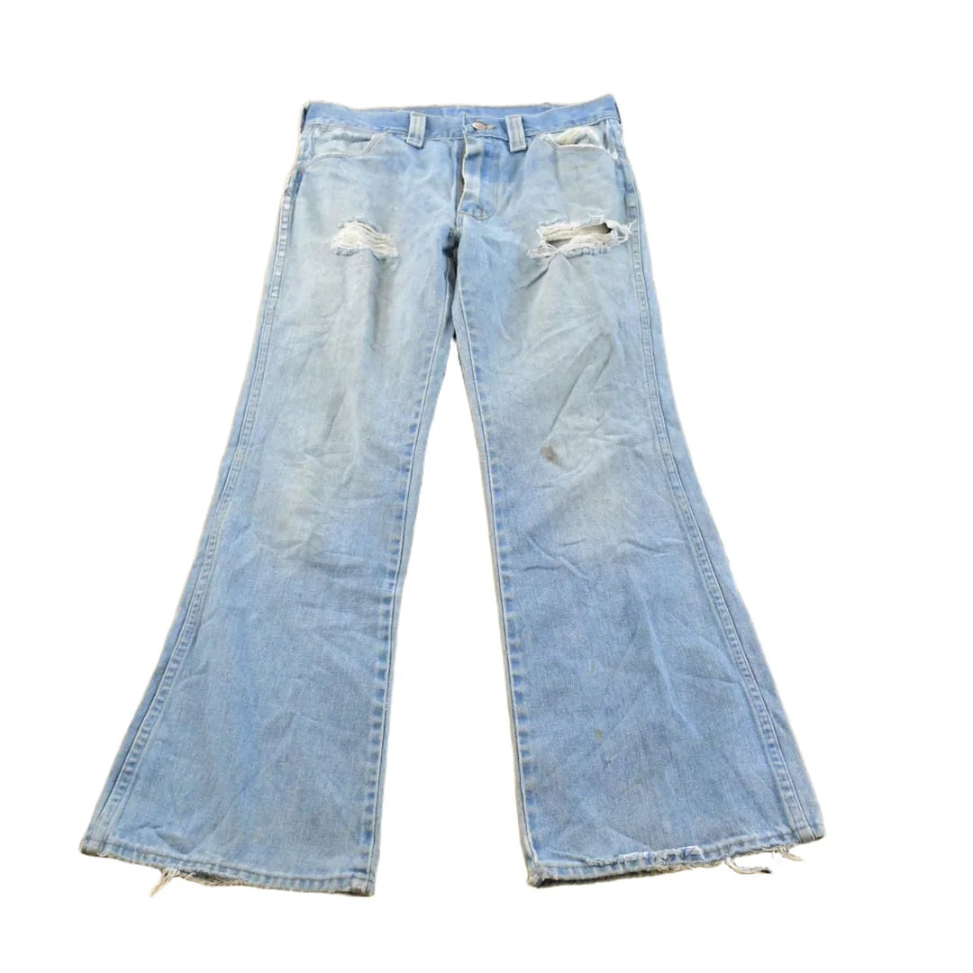 Vintage 1970s Sedgefield Distressed Flare Denim Blue Jeans 30 x 28.5 from propervintagecanada