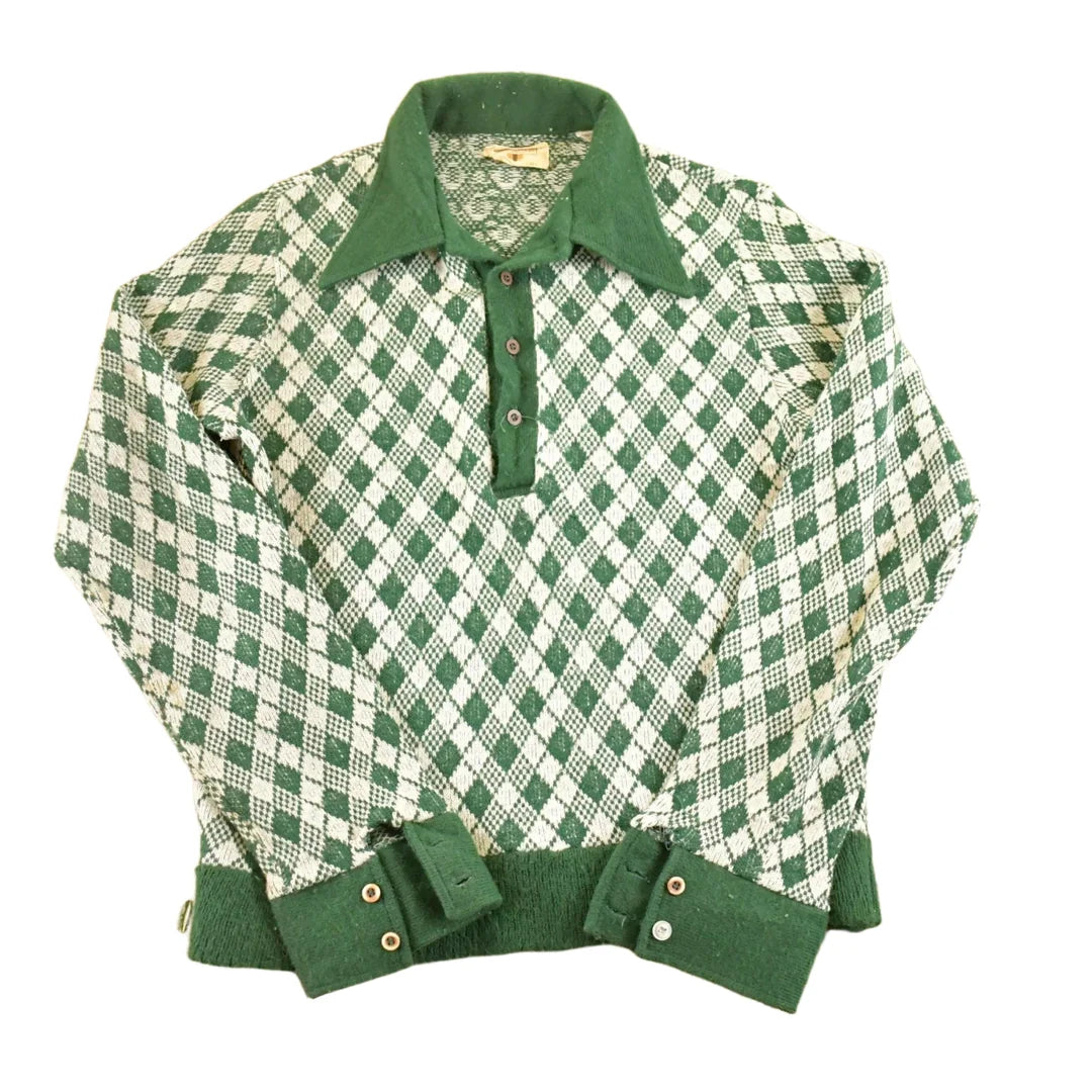 Vintage 1970s Sheffield Master Knits Argyle Knit Cardigan Sweater Men's S from propervintagecanada