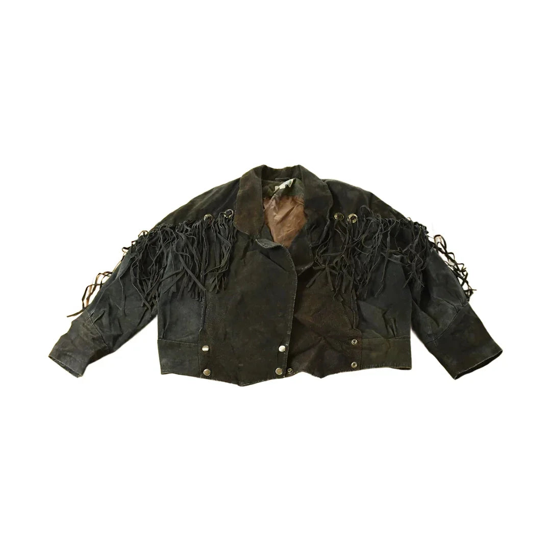 Vintage 1970s Sky Blue Waters Leather Suede Western Fringe Jacket Women's Large / Fall Outerwear Leather Coat / Black Jacket / Tassles from propervintagecanada