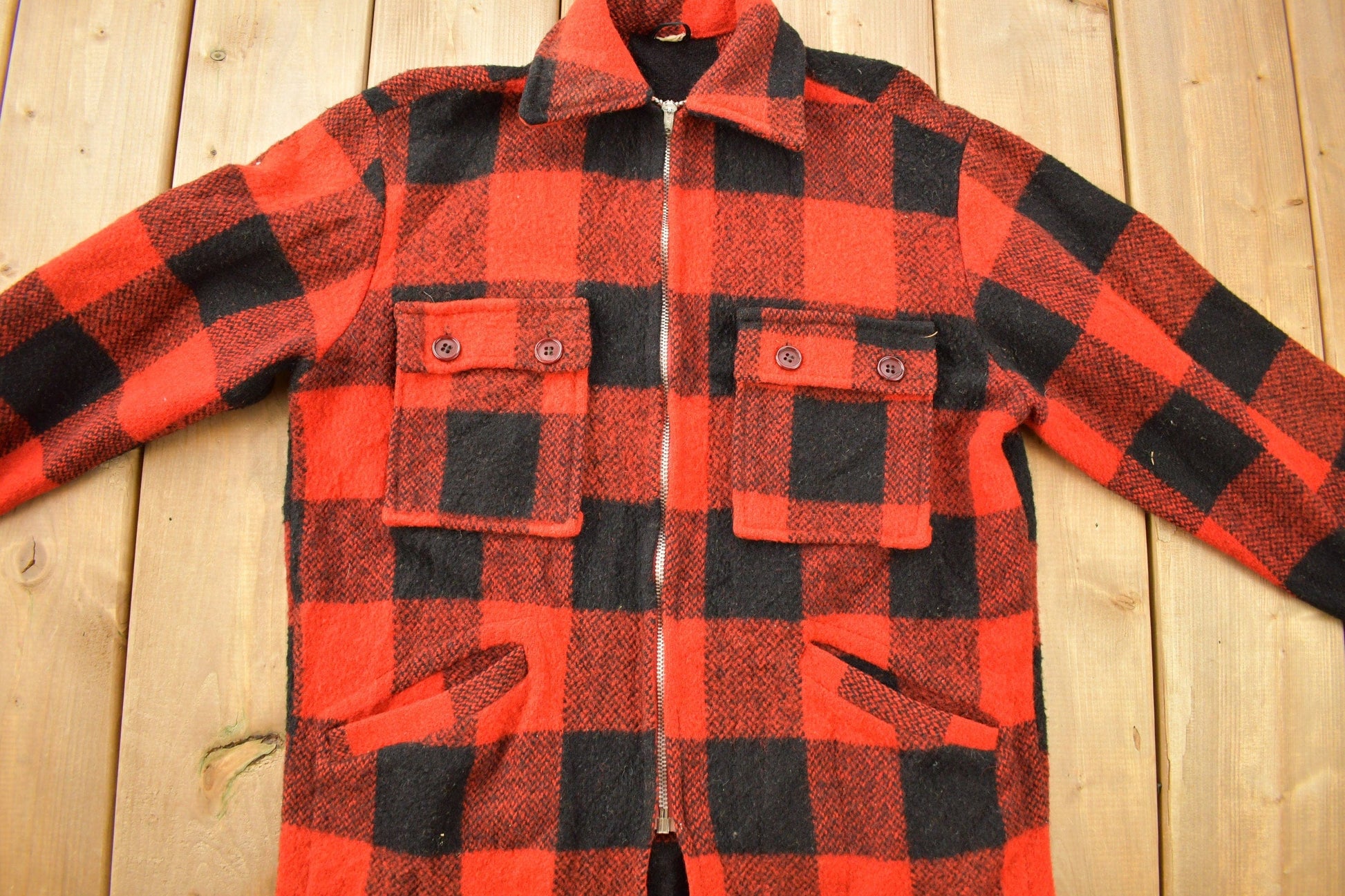 Vintage 1970s Storm Hero Wool Buffalo Plaid Zip Up Jacket Men's Large from propervintagecanada