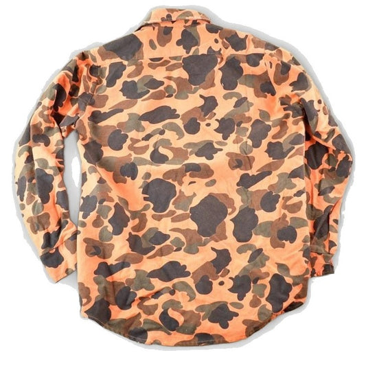 Vintage 1970s The Woodsman Orange Camo Button Up Shirt Mens L from propervintagecanada