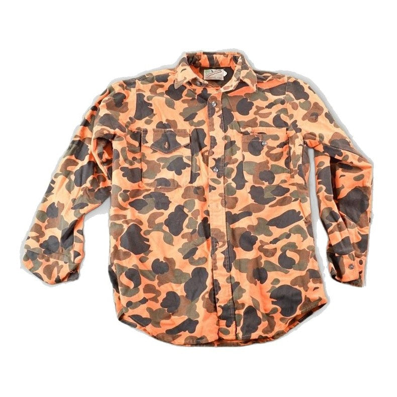 Vintage 1970s The Woodsman Orange Camo Button Up Shirt Mens L from propervintagecanada