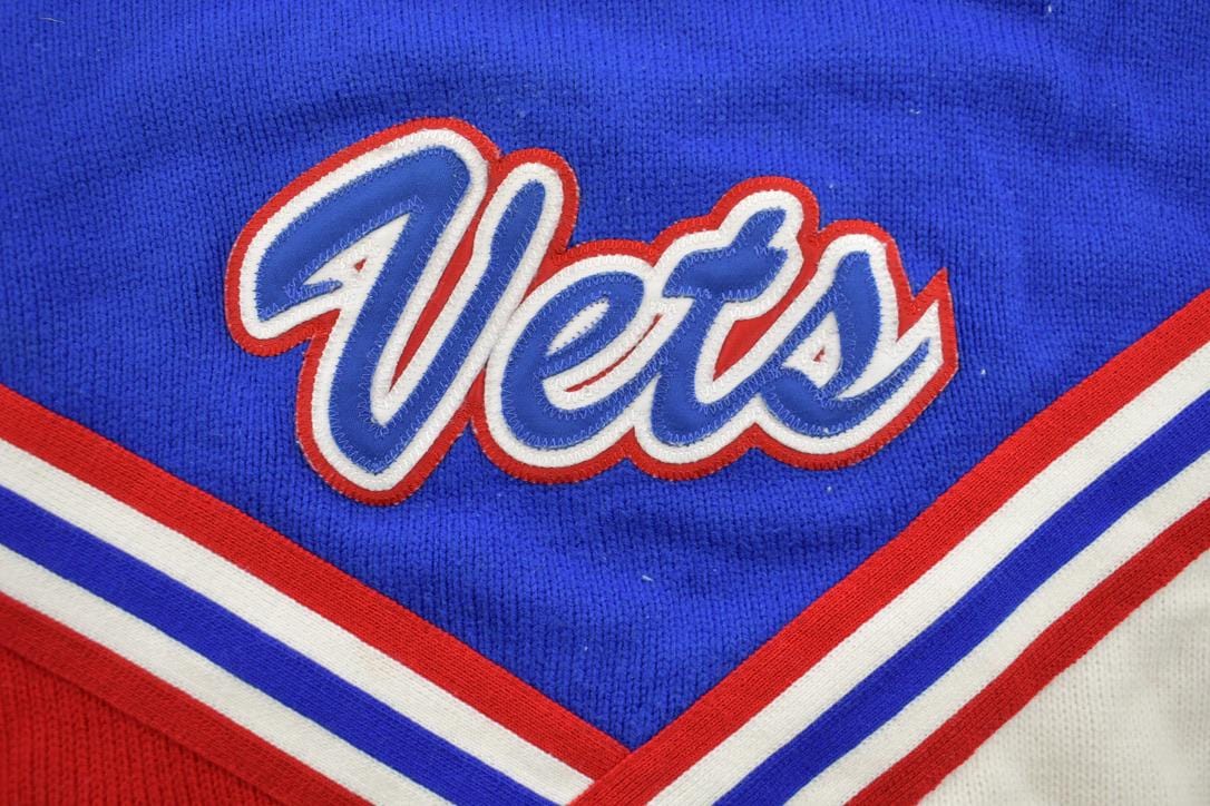 Vintage 1970s Vets Cheerleading Abstract Knitted Crewneck Sweater Men's Small from propervintagecanada