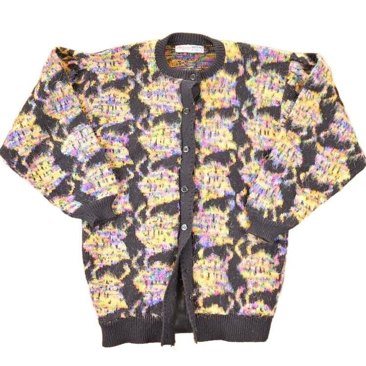 Vintage 1970s Wani Oswal Abstract Wool Knit Cardigan Sweater Women's S from propervintagecanada