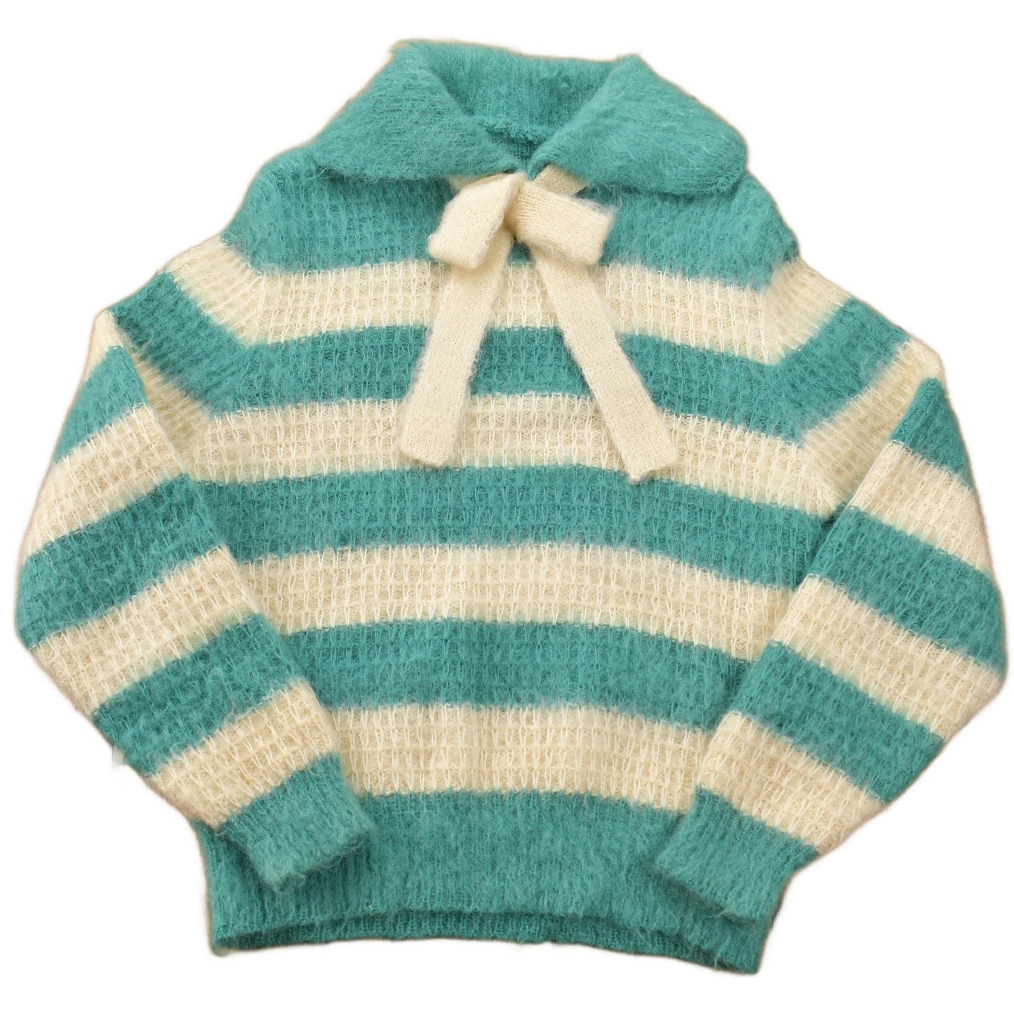 Vintage 1970s Wool Knit Bow Tie Green Beige Stripe Sweater Men's S from propervintagecanada