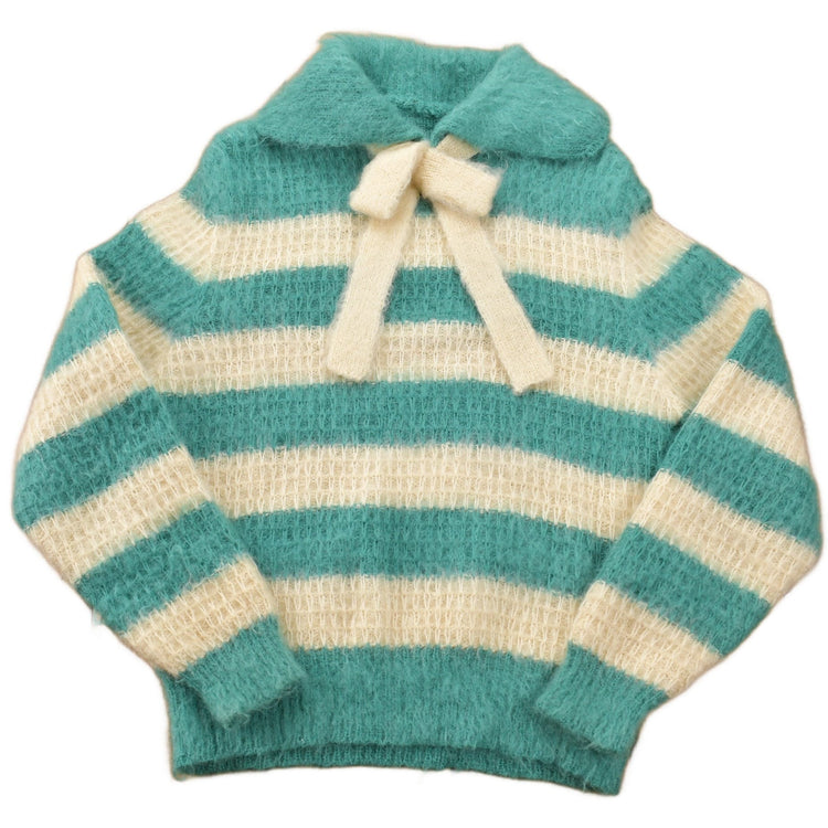 Vintage 1970s Wool Knit Bow Tie Green Beige Stripe Sweater Men's S from propervintagecanada