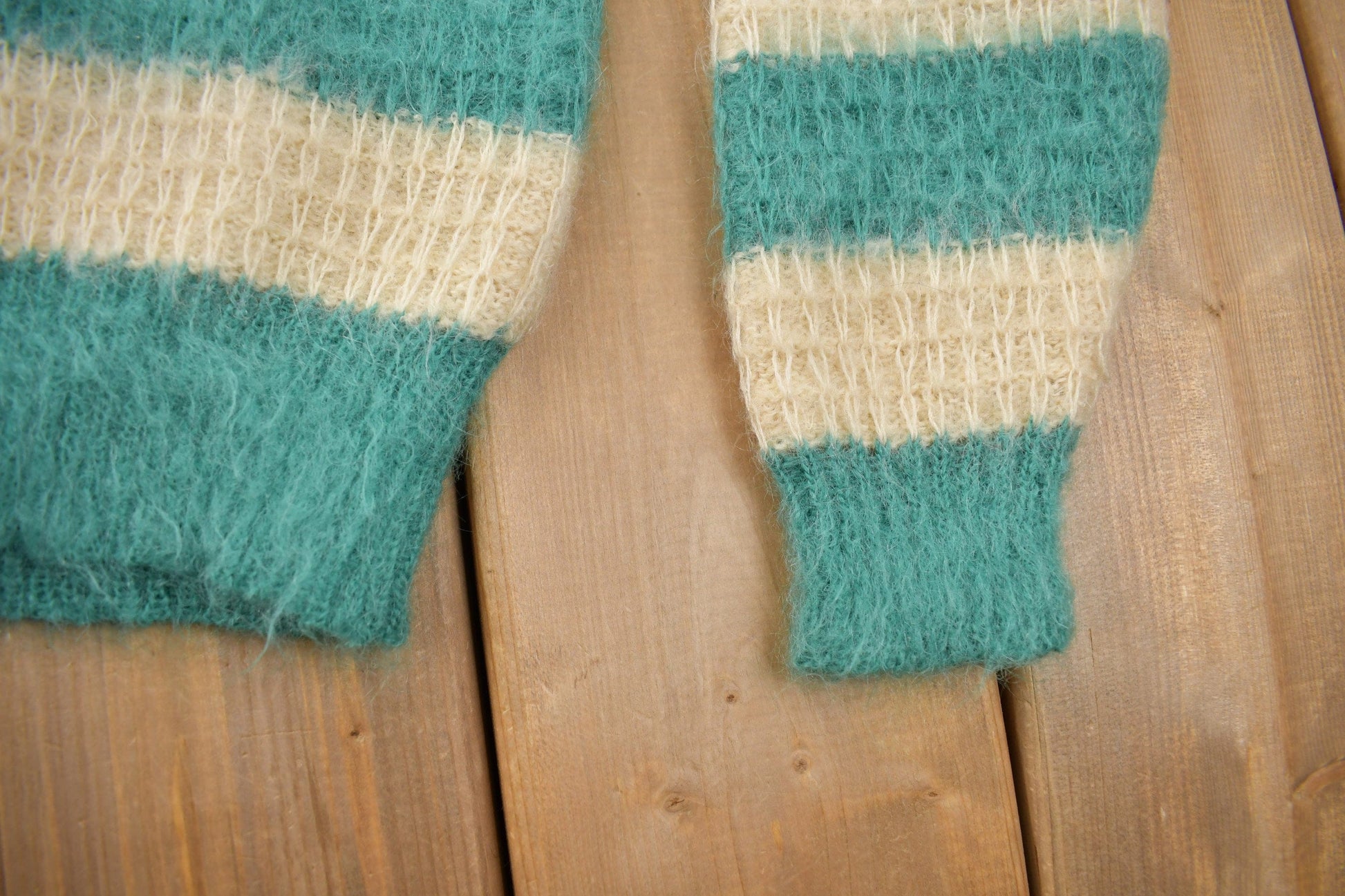 Vintage 1970s Wool Knit Bow Tie Green Beige Stripe Sweater Men's S from propervintagecanada