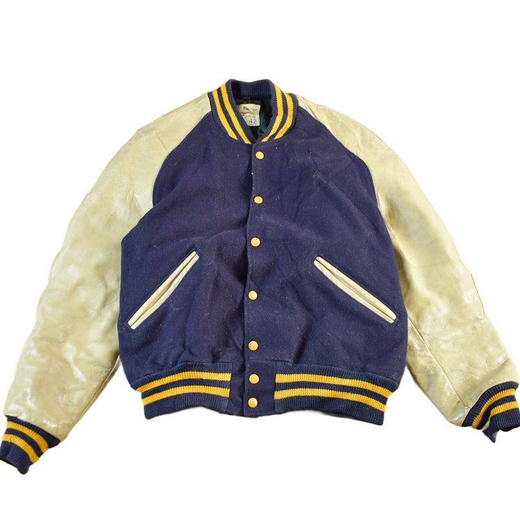 Vintage 1970s Wool Letterman Jacket: Leather Sleeves Men's Medium from propervintagecanada