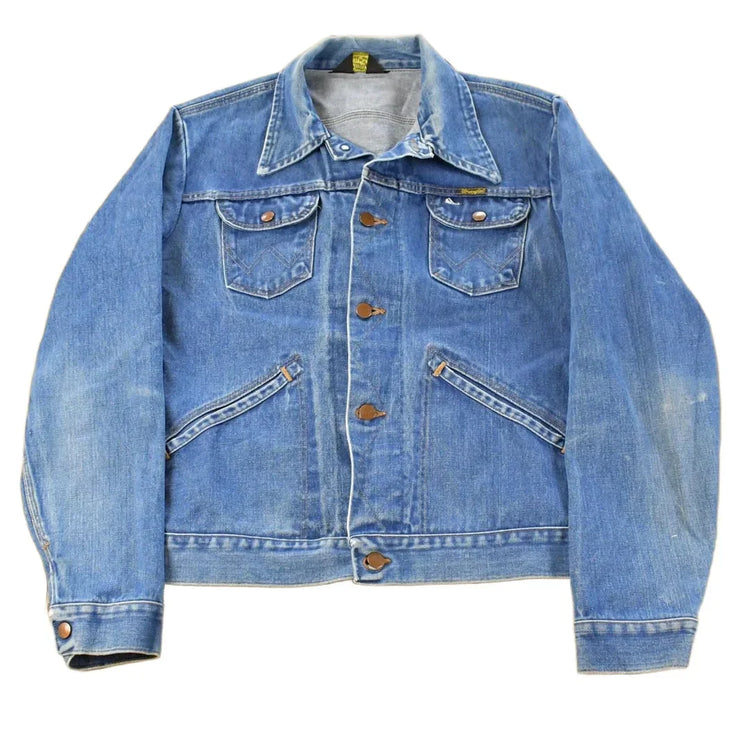 Vintage 1970s Wrangler Workwear Distressed Denim Trucker Jean Jacket Men's S from propervintagecanada