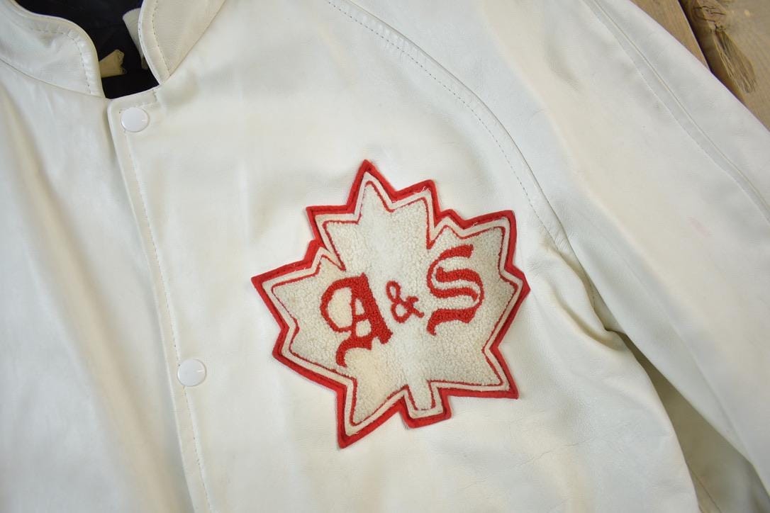 Vintage 1977 A&S Raiders Leather Varsity Jacket Made In Canada Men's L from propervintagecanada