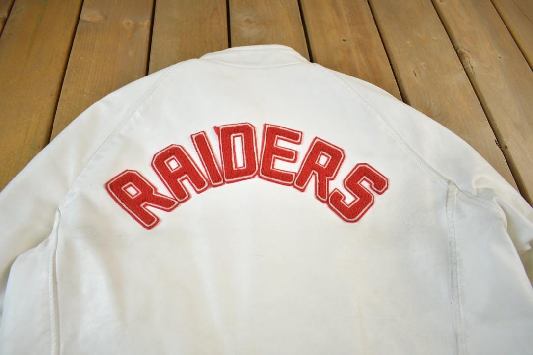 Vintage 1977 A&S Raiders Leather Varsity Jacket Made In Canada Men's L from propervintagecanada