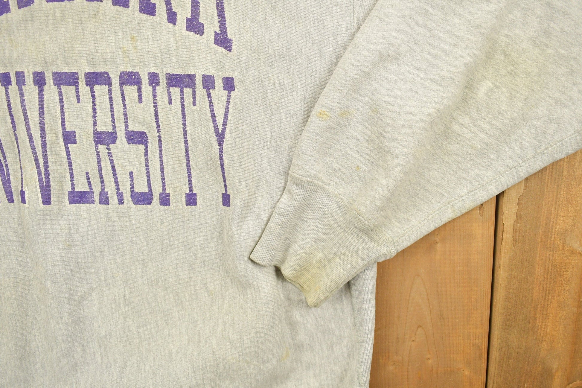 Vintage 1980's Champion Reverse Weave Warm-up Collegiate Crewneck University of Niagara Heavily Distressed Men's 2XL from propervintagecanada