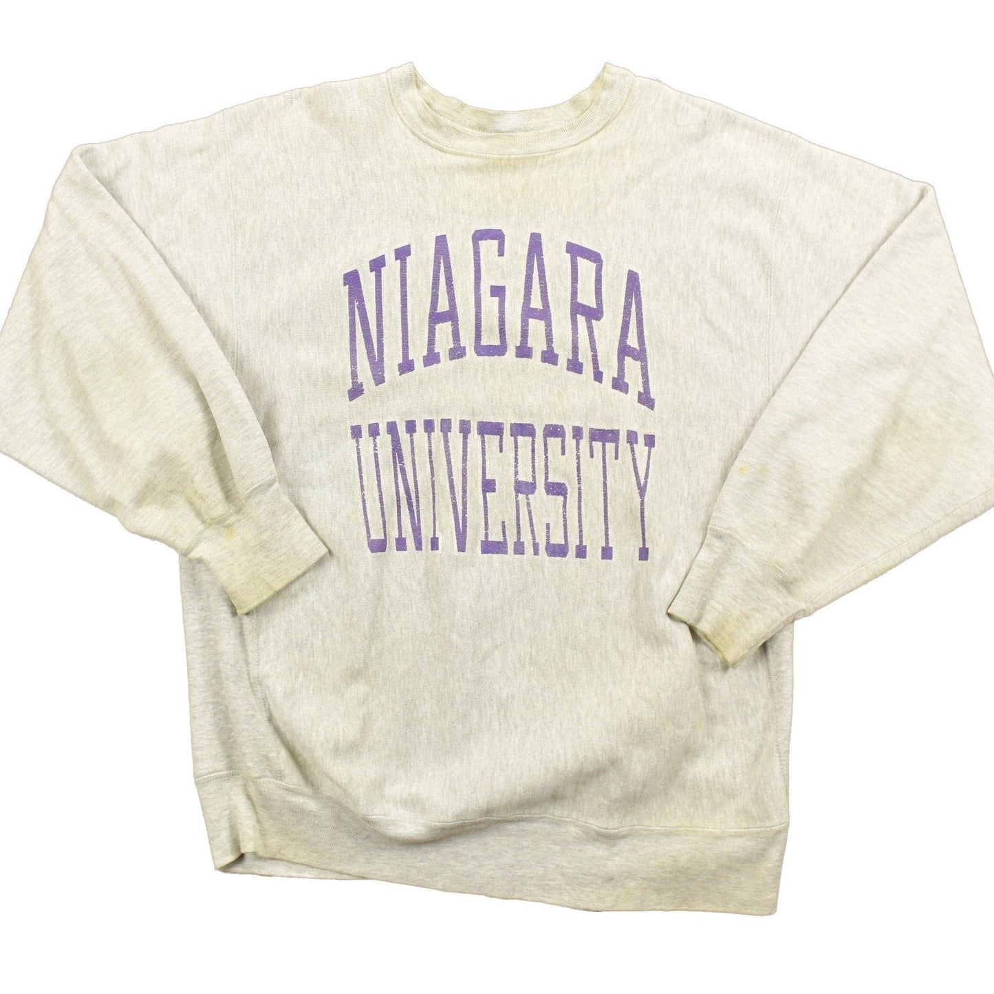 Vintage 1980's Champion Reverse Weave Warm-up Collegiate Crewneck University of Niagara Heavily Distressed Men's 2XL from propervintagecanada
