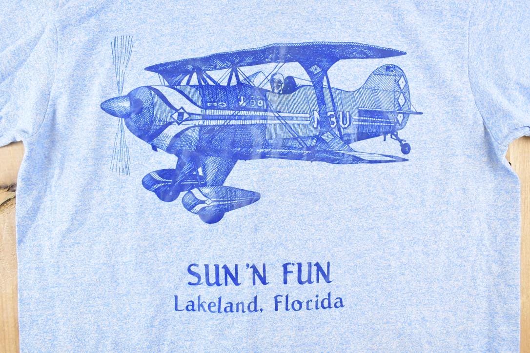 Vintage 1980's Sun N Fun Lakeland Florida Airplane Souvenir T-Shirt Men's M from propervintagecanada