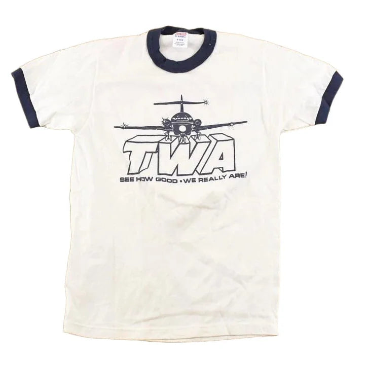 Vintage 1980's TWA Airplanes Souvenir Ringer T-Shirt Men's S from propervintagecanada