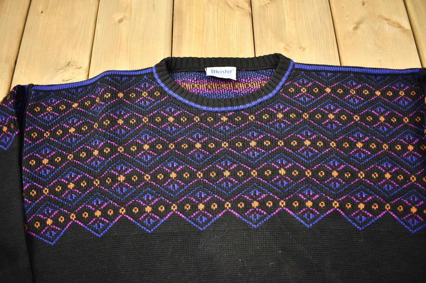 Vintage 1980s Abstract Pattern Meister Knitted Crewneck Sweater Men's Large from propervintagecanada