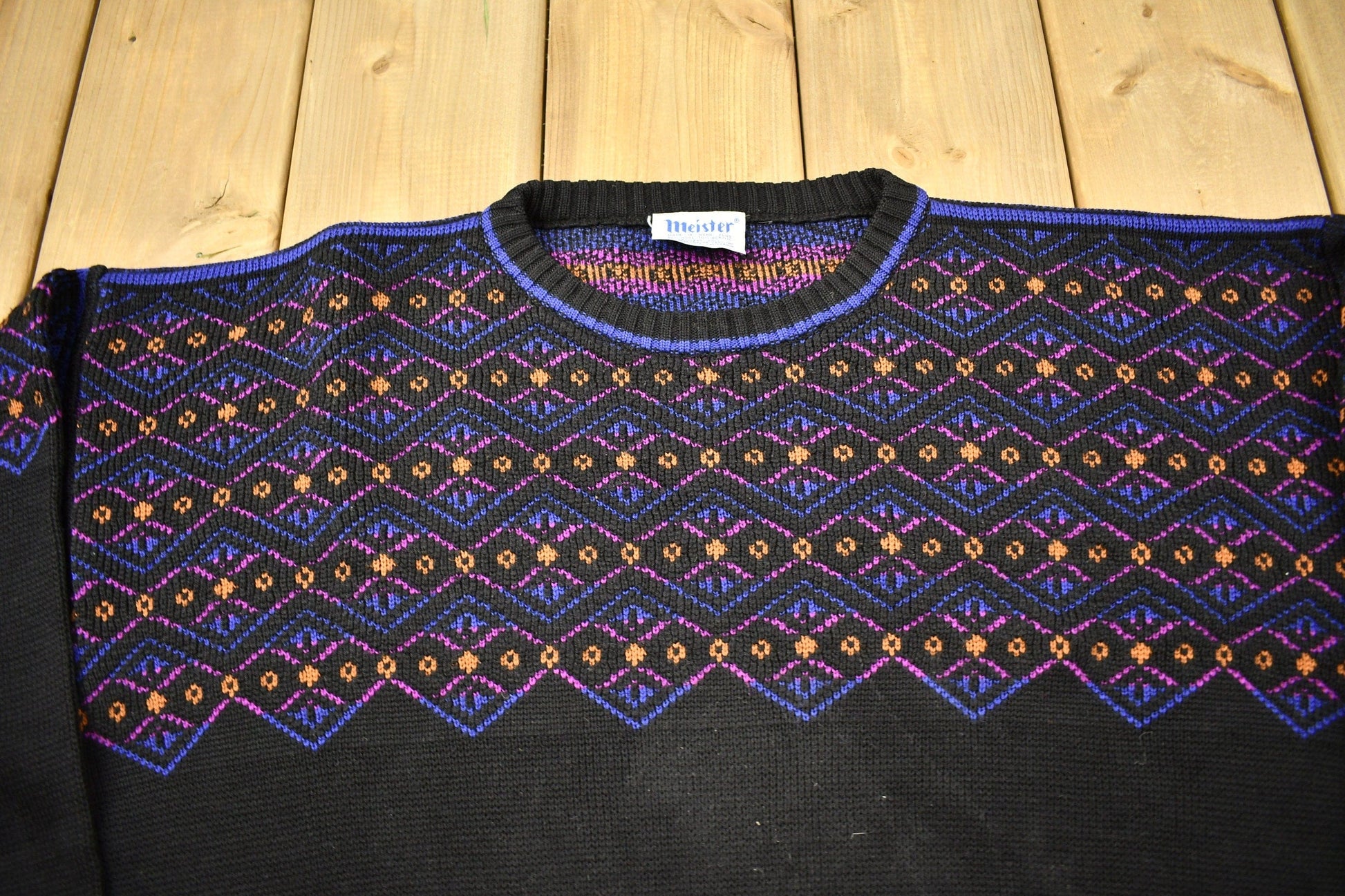 Vintage 1980s Abstract Pattern Meister Knitted Crewneck Sweater Men's Large from propervintagecanada
