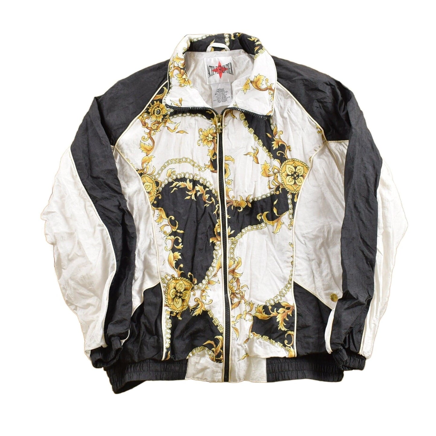 Vintage 1980s Active Frontier Abstract Golden Floral Pattern Windbreaker Jacket All Over Print Men's Medium from propervintagecanada